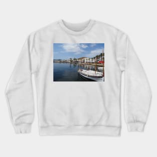 Fishing boat at Fornells, Minorca, Spain Crewneck Sweatshirt